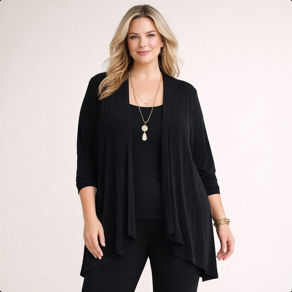 Chico’s Travelers Black Open Front Drape Cardigan Step Hem Size‎ 3 Stretch